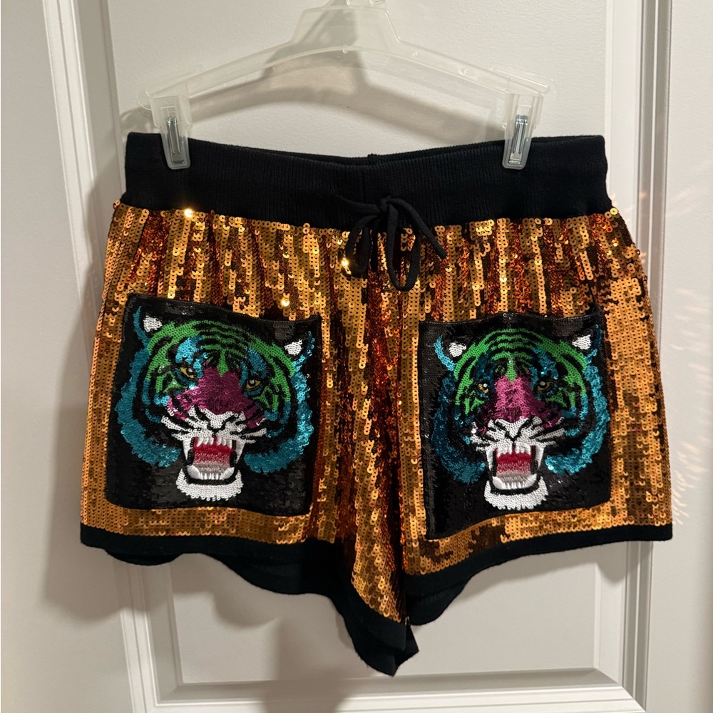 QUEEN OF SPARKLES Gold Sequin Tiger Shorts